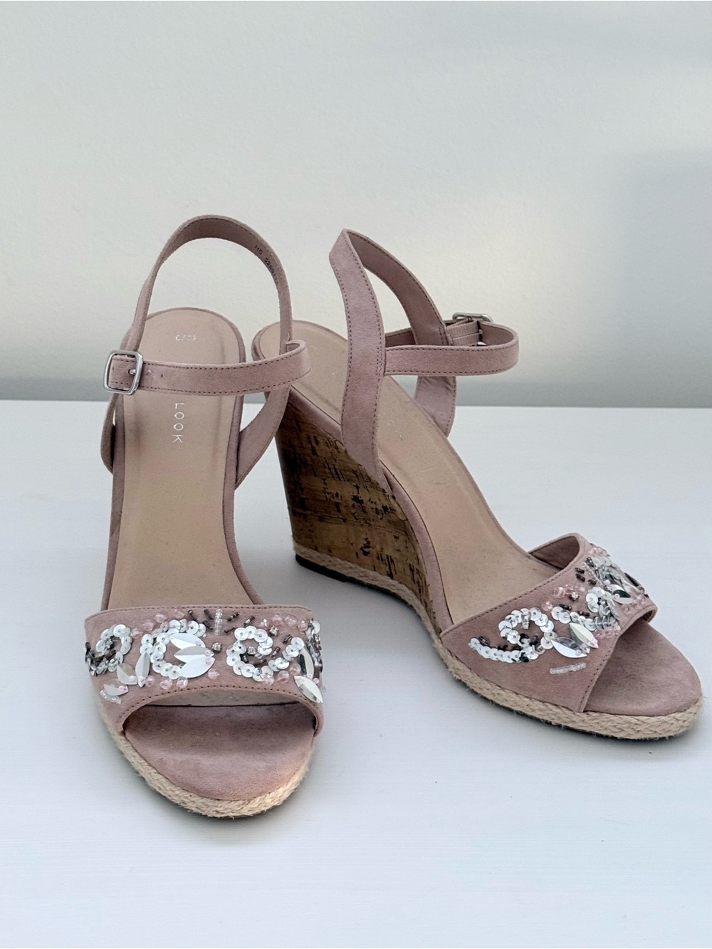 Embellished Pink Wedge Sandals - Women's Ankle Strap